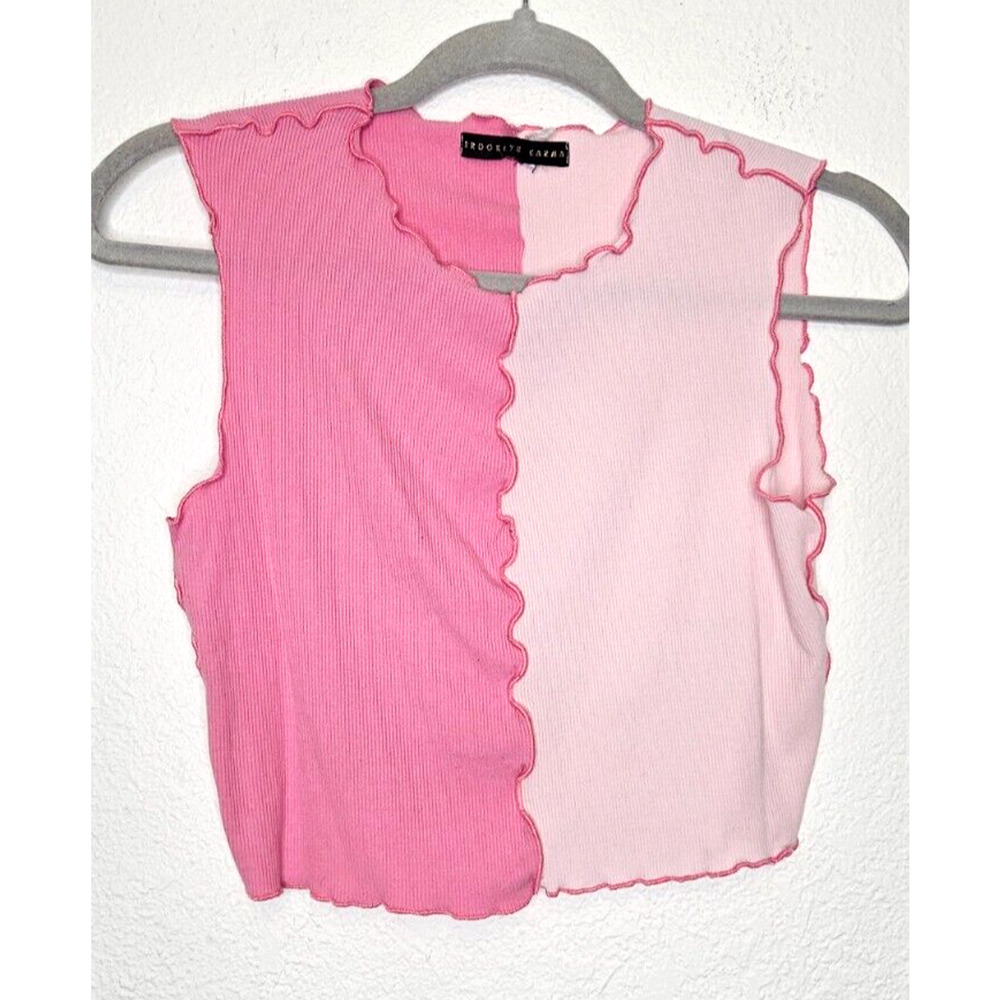 Vintage Y2K Crop Top XS‎ Pink Colorblock Rib Knit Lettuce Hem Soft Cottage Fairy